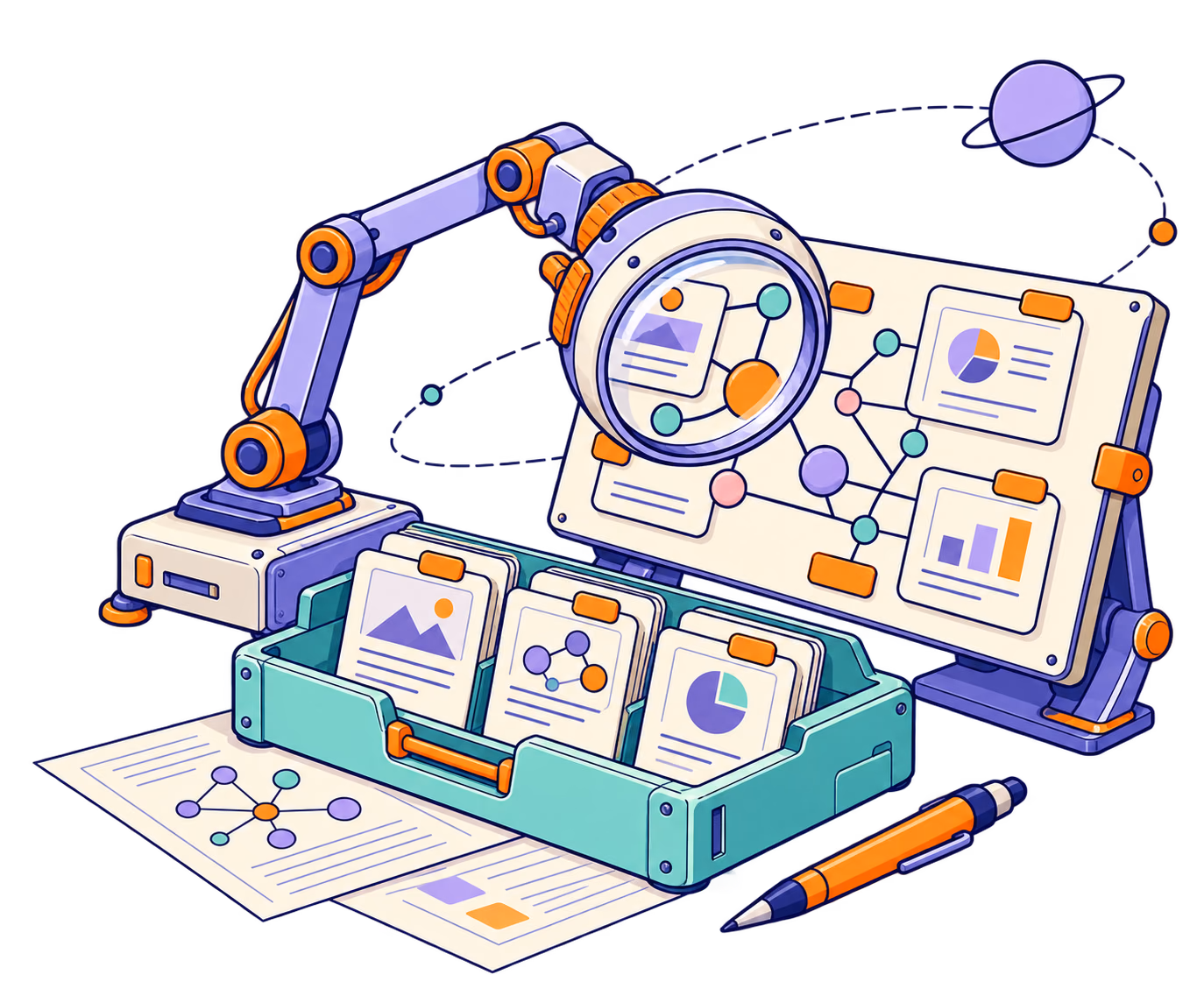 A robotic arm holding a magnifier over a board of linked notes and charts, with more cards sorted in a tray.