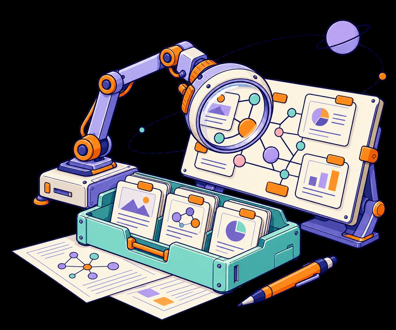 A robotic arm holding a magnifier over a board of linked notes and charts, with more cards sorted in a tray.