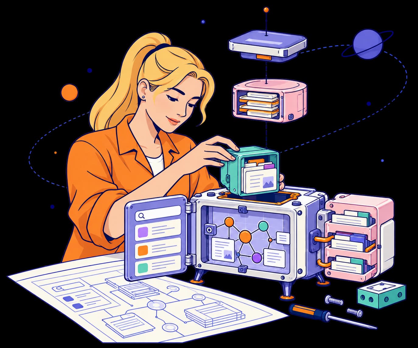 A woman assembling a connected knowledge system with organized records and digital tools.