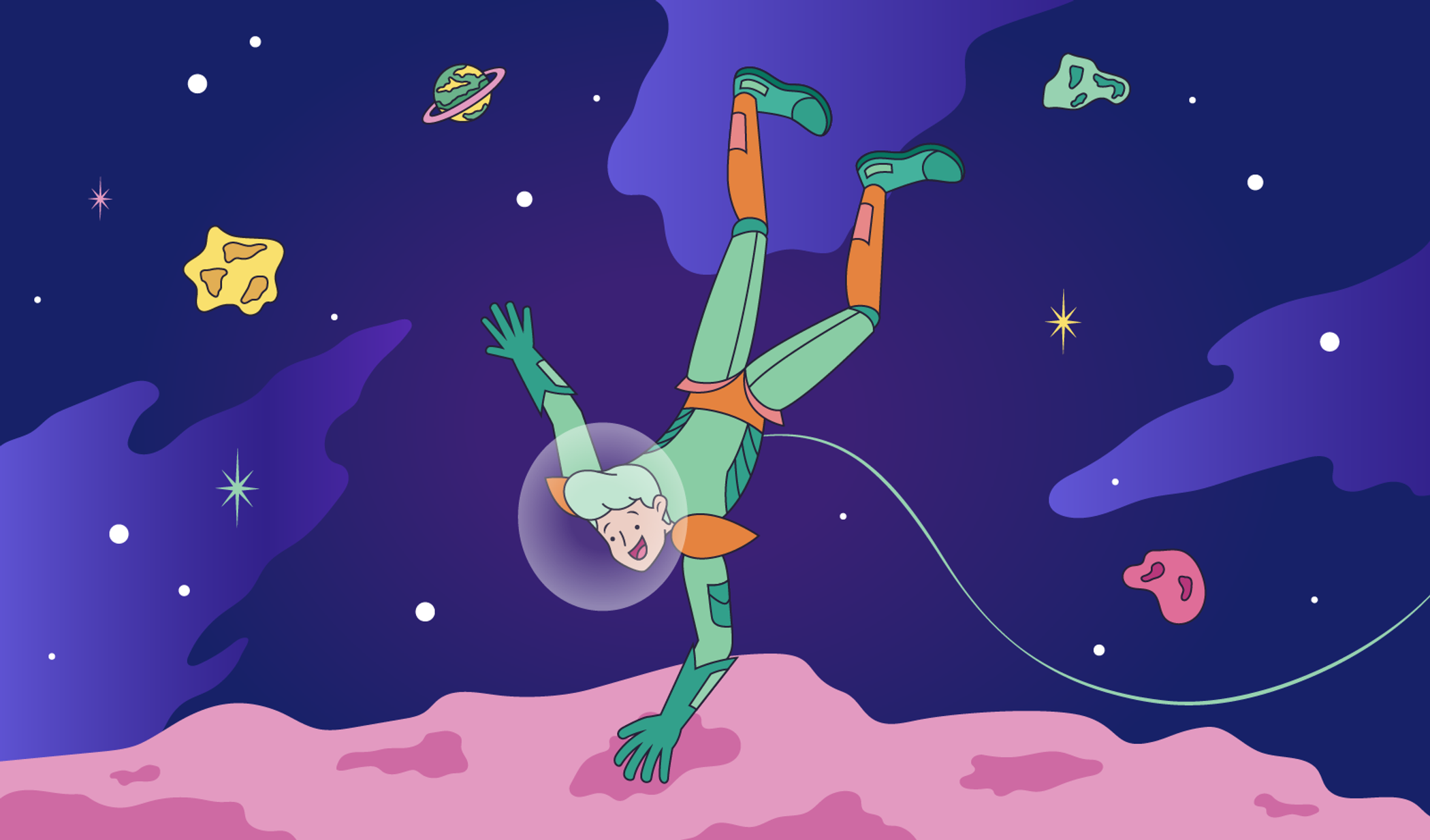 An illustration of a spaceman standing on one hand