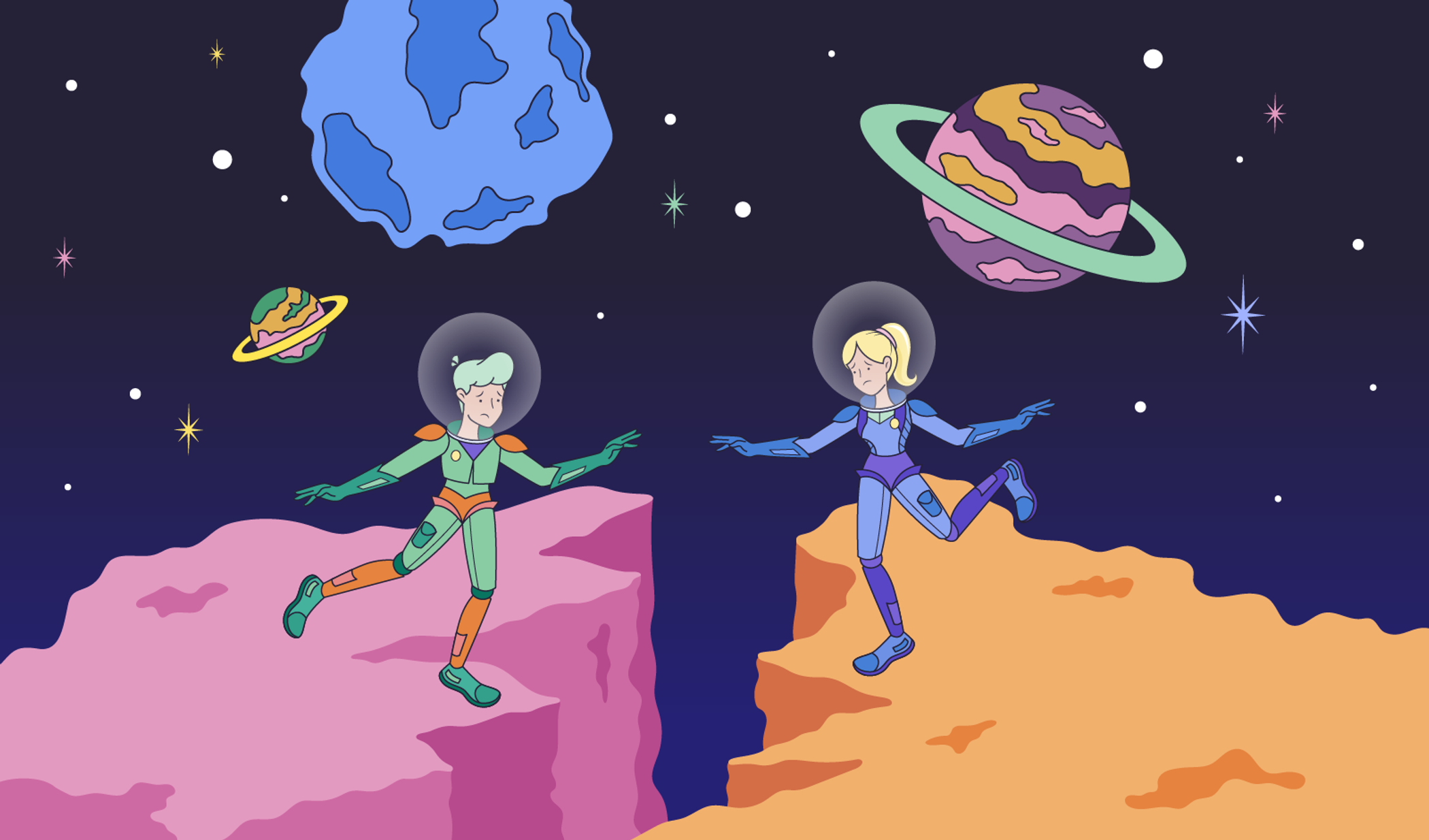 Illustration of two astronauts trying to bridge a gap