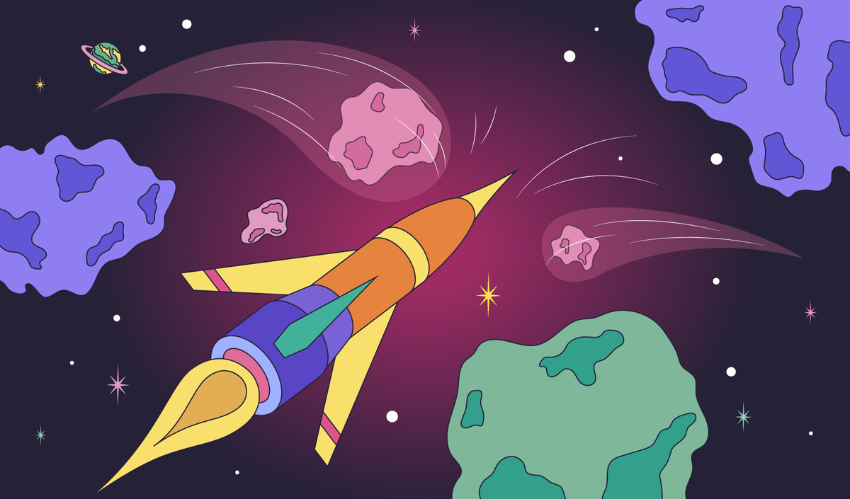 An illustration of a rocket about to collide with a meteorite.