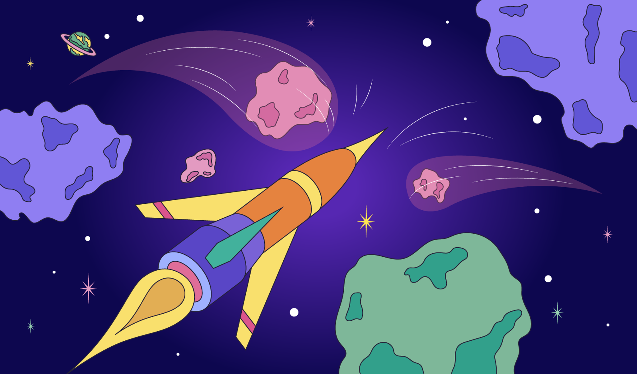 An illustration of a rocket ship trying to avoid astroids