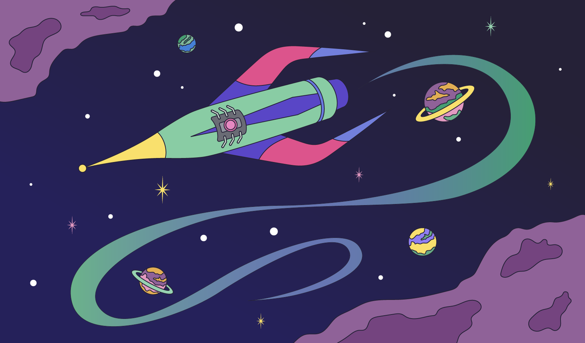 An illustration of a rocket winding and waving through space.